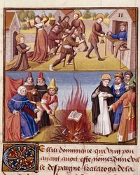 Inkvisitionen "" Autodafe presiderar av Saint Dominique de Guzman (1170-1221), grundaren av Dominikanerorden, bevis för elden från den kätterska boken och den ortodoxa boken"" Miniatyr i "" Le miroir historial"" (Speculum Historiale) ( ms. 1196, fol. 372) 