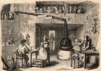 Inne i kabarén le Lapin Blanc (Kanin-Blanc), rue aux feves i Paris innan dess rivning. En krog med anor från monarkins första tid. Gravyr I "" Le Monde illustrious"" från 1862. Privat samling.
