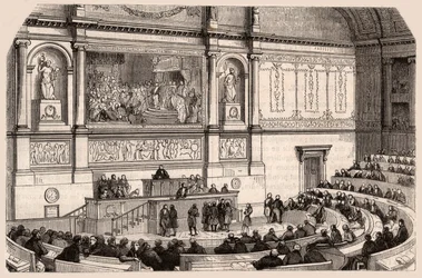 Interiörbild av Nationalförsamlingen under ett sammanträde i Deputeradekammaren, Paris, Frankrike
