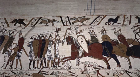 Intendant Wadard (till häst) och Guillaumes truppmän - Bayeux-tapet, känd som Broderi av drottning Mathilde