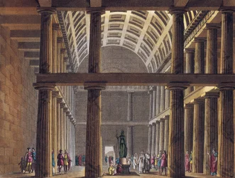 Interiör av Parthenon - Staty av gudinnan Athena (Minerva) inuti Parthenon i Aten, antikens Grekland - Gravyr runt 1820