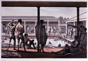 Interiör av en simskola, London, tidigt 1800-tal.