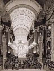 Invalidkyrkans interiör under den religiösa ceremonin 1840-12-15. (Överföring av aska från Napoleon I till Invalides)