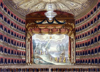 Interiör av Theatre de la Scala i Milano. Gravyr före 1850.