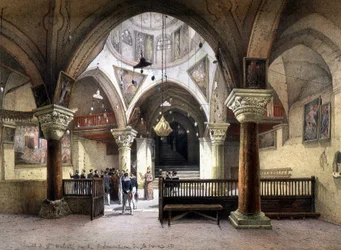 Interiör av kapellet i St. Helena, Jerusalem. 1800-talsgravyr.