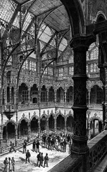 Invändig bild av Antwerpens börs på 1800-talet. Gravyr i "Le journal de la jeunesse""