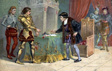 Intervju av Ludvig XI (1423-1483), kung av Frankrike och Karl den Djärve, hertig av Bourgogne, till Peronne i oktober 1468. Liebig kromolitografi av 1800-talet