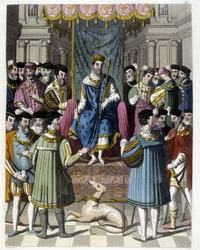 Intervju med Francois 1st (1494 - 1547) och Henry VIII (1491 - 1547) av England. Gravyr av 1800-talet.