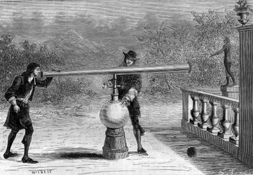 Uppfinning: Sarbacan eller pneumatisk pistol av Otto von Guericke (Otto de Guericke) (1602-1686), tysk uppfinnare. Gravyr i "La Nature"