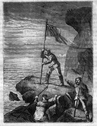 Isaac Israel Hayes (1832-1881), amerikansk polarforskare, planterar USA:s nationalflagga vid Norra ishavets kust under sin expedition för att finna det förmodade öppna polarhavet