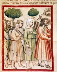 Isaac och hans familj som lider av hungersnöd emigrerar till kung Abimelechs länder Miniature från codex 212 (eller padovano codice eller Bible of Padua) 1390-1400 Rovigo, Accademia dei Concordi