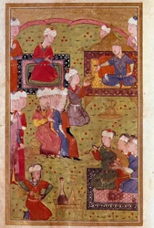 Islamisk konst: bankett i närvaro av sultanen med musiker. Miniatyr av ett 1500-talsmanuskript Venedig Biblioteca Marciana
