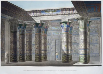 Island of Philae: Färgglad interiörperspektivvy, tagen under portiken till det stora templet - i "Description of Egypt", Imperial Editions
