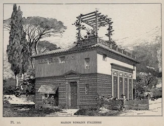 Italienskt romerskt hus - gravyr från 1889 i "History of human habitation at the Universal Exhibition of 1889, by Mr Charles GARNIER - Librairie centrale des beaux-arts Paris 1889