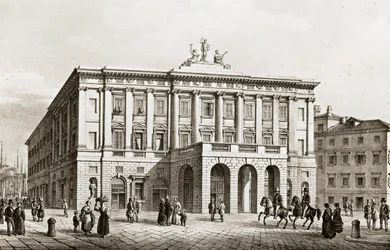 Italien, Trieste, Vy över Teatro Grande, gravyr