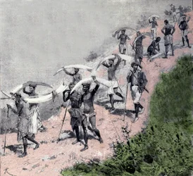 Elfenbenshandel: karavan av kongolesiska bärare bär elefantförsvar. Gravyr av 1800-talet