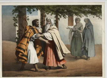 Jakob flydde från sin bror Esaus hämnd och hälsades av Laban. Anonym gravyr från 1800-talet.