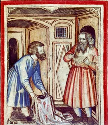Jakob får reda på sin son Josefs död, såld av sina bröder till egyptierna Miniature från codex 212 (eller padovano codice eller Bible of Padua) 1390-1400 Rovigo, Accademia dei Concordi