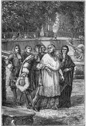 Jacques-Benigne (Jacques Benigne) Bossuet (1627-1704), fransk prelât och författare i filosofernas gränd i Versailles. Gravyr från 1800-talet.