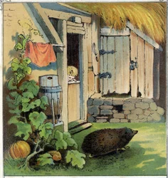 Jacques observerar en herisson som korsar gården till sitt hus. Kromolitografi från "" Scenes enfantines"", red. Guerin - Muller cirka 1885.