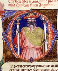 Janus, romersk gudom, två motsatta ansikten - från ett manuskript av "De civitate dei" av Saint Augustine, tidigt 1400-tal. Kommunal Bibl. av Rimini.
