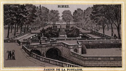 Jardin de la Fontaine i Nimes (Gard, Languedoc-Roussillon). Kromolitografi från slutet av 1800-talet.