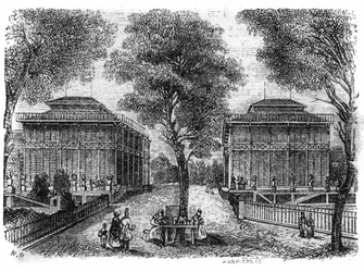 Jardin des Plantes i Paris 1861: järnpaviljonger.