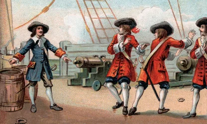Jean Bart (1650-1702), fransk sjöbefälhavare och kapare, hotar att spränga sitt skepp - Kaparen Jean Bart (1650-1702) hotar en engelsk kapare som tog honom till fånga genom att hota att spränga hans skepp genom att sätta eld på en tunna pulver
