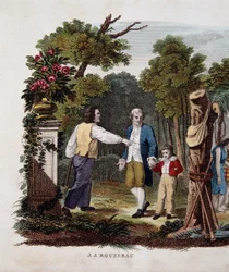 Jean Jacques Rousseau med ett barn, avskalad av en bonde