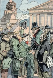 Jean Jaures Unified Socialists Opposes the Three Years Law (Military Service) representerad av tyskar, juni 1914 (Tyska stödjande unifierade socialister ledda av Jean Jaures motsätter sig lagen om de tre åren, juni 1914) Teckning från "Le pelerin" 19/07/19