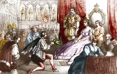 Jean Nicot överlämnar tobaksplantan till Katarina av Medici och storpriorn av huset Lorraine. 1500-talet. Gravyr från 1800-talet