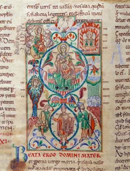 Jesse-trädet omger oskuldssymboler Jungfrun är designad av namnet bysantin från Theotokos. Miniatyr hämtad från "Lectiaire de Citeaux"" 1100-talets Dijon, kommunala biblioteket