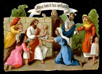 Jesus Kristus välsignade barn. 1800-talets kromolitografi.