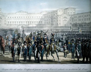 Joachim Murat (1767-1815), utsedd till marskalk av Frankrike och kung av Neapel av Napoleon, granskar den cisalpina republikens trupper