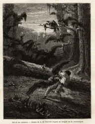 Job (redaktörens reskamrat), attackerad av gamar. Gravyr för att illustrera berättelsen Quatre mois en Florida, av M. Pousselgue, 1851-1852, publicerad i "" le tour du monde", under ledning av D