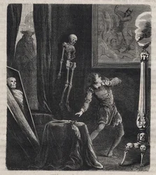 John Châtel (Chastel) (1575-1594), inlåst av jesuiterna i meditationskammaren - före sitt attentatsförsök mot Frankrikes kung Henrik IV den 27 december 1594. Gravyr från 1879 i ”Histoire des sociétés secrètes, politiques et religieuses”