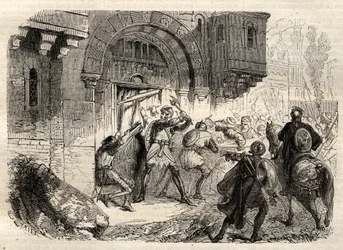 Johannes II Comnenus, bysantinsk kejsare - Kejsaren Johannes II Comnene (1087-1143) i spetsen för grekerna som körde dörren till sitt palats i Konstantinopel - gravyr i "" Illustrous Popular Dictionary"" - 1864 - av Joseph Decembre och Edmond Allonier -