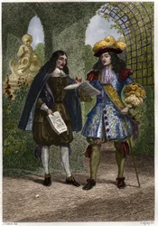 Johannes Döparen (Jean-Baptiste) Colbert (1619-1683) med Ludvig XIV, kung av Frankrike och Navarra (1638-1715). Gravyr av 1800-talet. Privat samling.