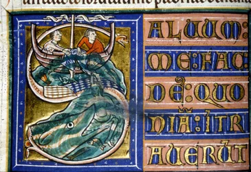 Jona kastas i havet och slukas av en enorm fisk. 1300-talsmanuskript. Kommunal Bibl. av Vercelli.