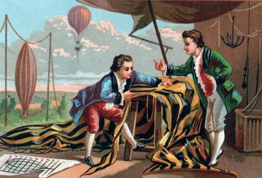 Joseph (1740-1810) och Etienne (1745-1799) de Montgolfier (bröder) uppfann aerostater 1783. Sen kromolitografi av 1800-talet.
