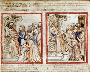 Joseph och hans bröder tilltalar farao, bröderna lämnar efter att ha sålt Josef som miniatyrslav från codex 212 (eller padovano codice eller Bible of Padua) 1390-1400 Rovigo, Accademia dei Concordi