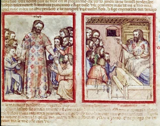 Joseph allvarligt sjuk vid en ålder av 110 förlåter sina bröder som prostrerar för honom Miniatyr från codex 212 (eller padovano codice eller Bible of Padua) 1390-1400 Rovigo, Accademia dei Concordi