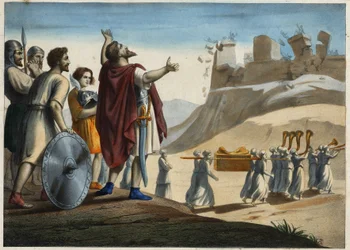 Josua framför staden Jeriko, den första stad som Josua och judarna intog under erövringen av Det utlovade landet. Murarna rasar till trumpeternas ljud. Anonym gravyr från 1800-talet.