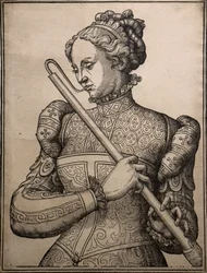 Douçaine-spelare, cirka 1560 (Trägravyr)