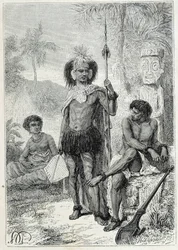 Journey of Captain James Cook (1728-1779): infödingarna på Marquesasöarna - illustration hämtad från "The Great Mariners of the 18th century""