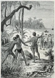 Kapten James Cooks (1728-1779) resa till Nya Guinee: det första mötet med de infödda, illustration hämtad från "The Great Mariners of the 18th century""