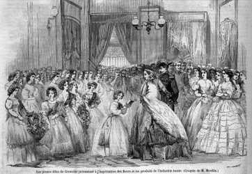 Kejsar Napoleon III (1808-1873) och hans hustru Eugenie de Montijos (1826-1920) resa till hertigen av Savoyen efter annekteringen av greven av Savojen (Turinfördraget i mars): här möter det kejserliga paret som besöker Grenoble unga flickor som kom att pre