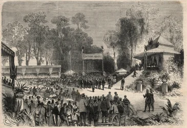Napoleon III:s (1808-1883) och imponerande Eugenie de Montijos (1826-1920) resa till Rouen: utdelning av priser vid jordbrukstävlingen. Gravyr i "" L