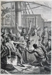 Samuel Wallis (1728-1795) resa till Polynesien: inhemska etonnes vid en spegel - illustration hämtad från "The Great Mariners of the 18th century"