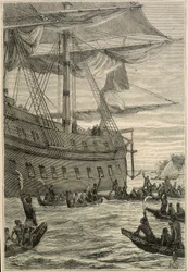 Samuel Wallis (1728-1795) resa till Polynesien: ursprungsbefolkningen som håller banankvistar i handen som en välkomsthälsning - illustration från "The Great Mariners of the 18th century""